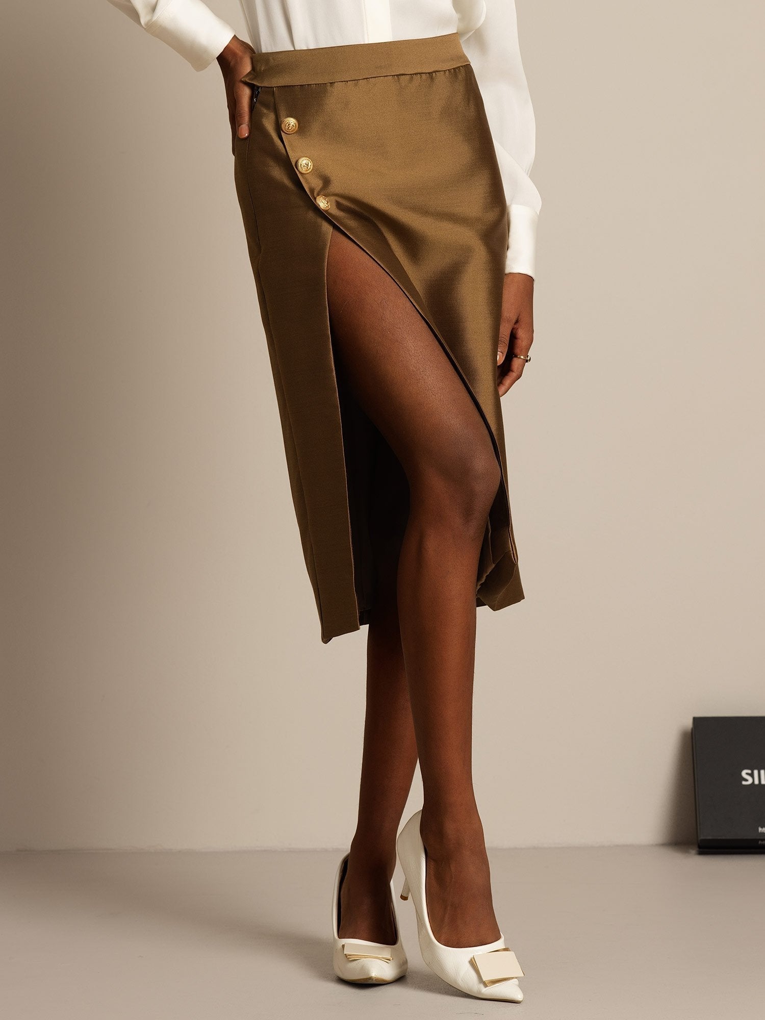 [Bronze] SilkSilky-UK 32Momme Silk-Wool Blend Split Skirt 005,