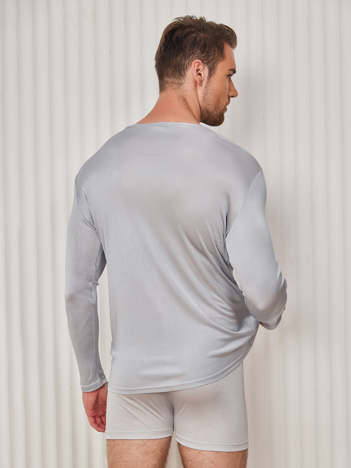 [Light Gray] SilkSilky-UK 100% Silk Jersey Long Sleeve Round Neck Men's T-Shirt 002