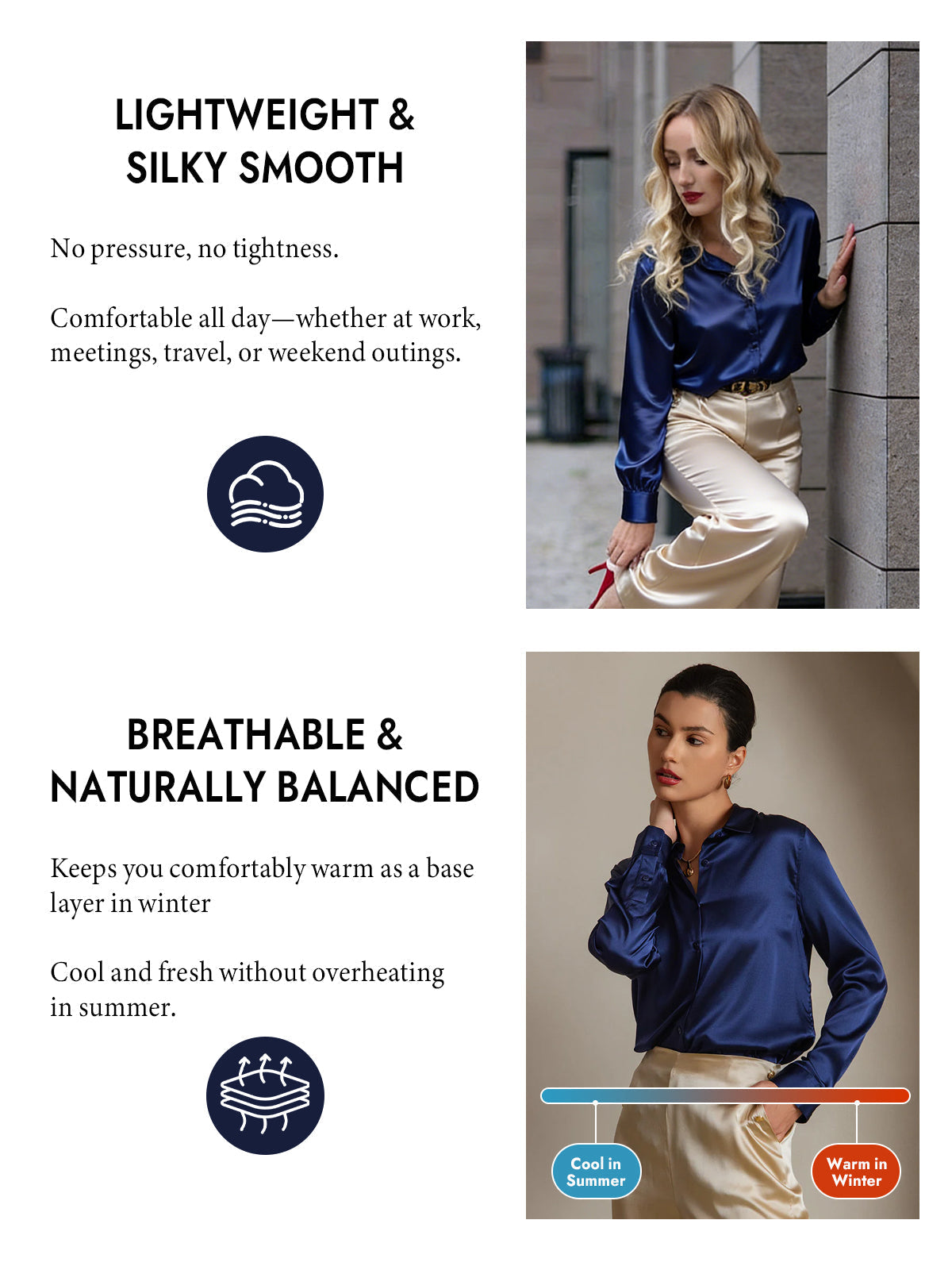 [Dark Blue] SilkSilky-UK Silk Long Sleeve Collar Women's Shirt 004