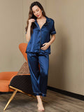 SilkSilky UK Pure Silk Short Sleeve Lapel Women's Pyjamas DarkBlue 005