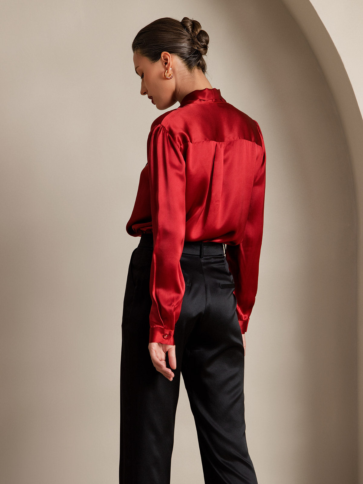 [Wine] SilkSilky-UK 19Momme Silk Long Sleeve Tie Neck Women's Shirt 002