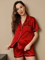 [Wine] SilkSilky-UK Short Sleeve Notch Collar Women's Pyjamas 004