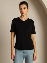[Black] SilkSilky-UK 100% High-Twist Silk Jersey Short Sleeve V Neck Women's T-Shirt 005