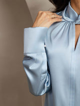 [Grayish Blue] SilkSilky-UK 19Momme Silk Keyhole Neck Women's Shirt 004
