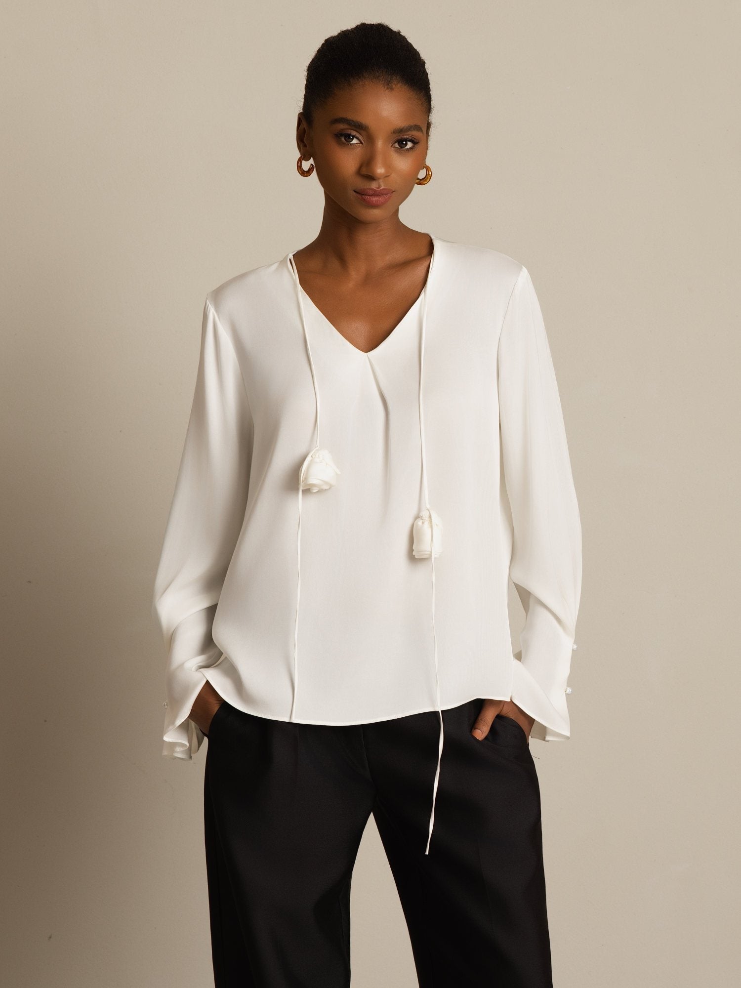 [White] SilkSilky-UK 19Momme Stretch Silk Double Georgette Long Sleeve V Neck Blouse 003