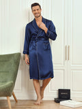 SilkSilky UK Pure Silk Long Sleeve Lapel Men's Dressing Gown DarkBlue 005