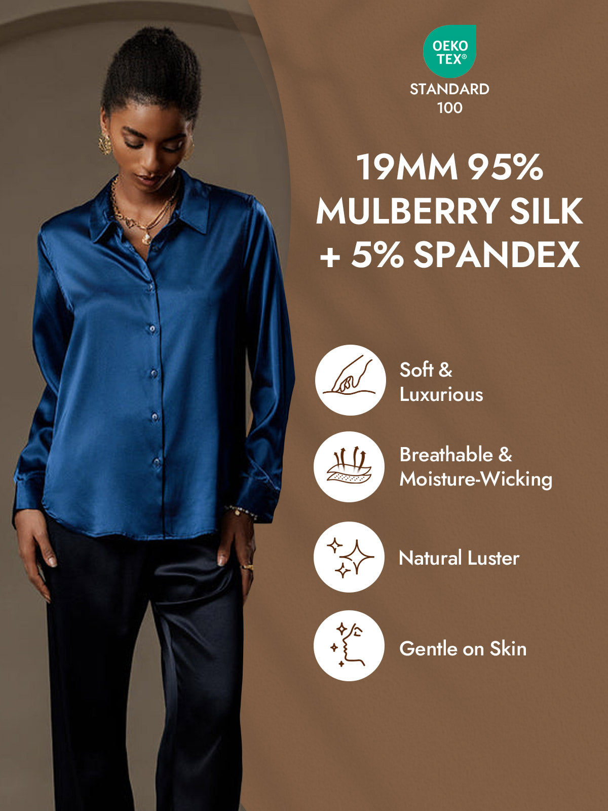 [Teal] SilkSilky-UK Silk Long Sleeve Collar Women's Shirt 004