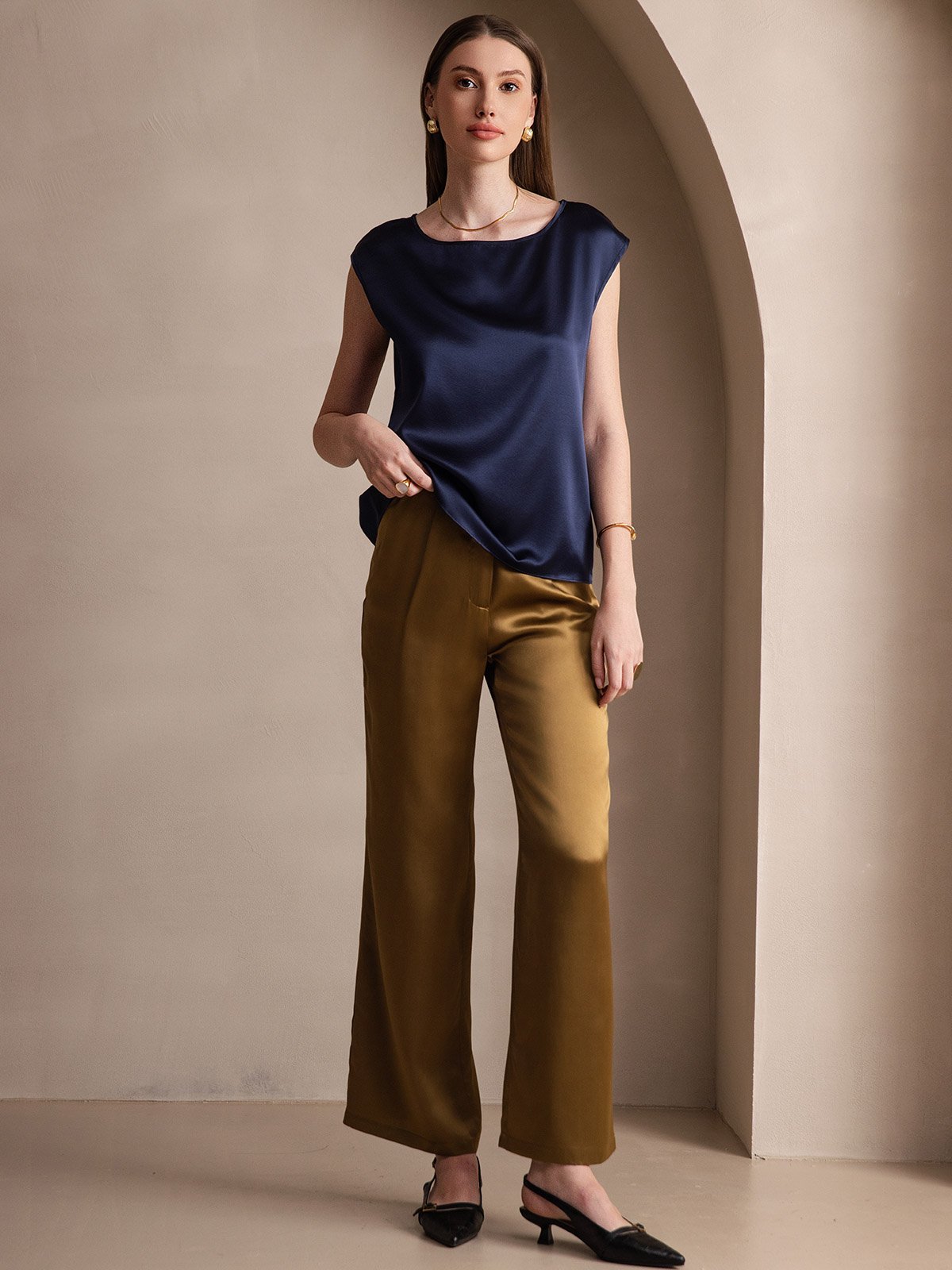 [Dark Blue] SilkSilky-UK 19Momme Silk Round Neck Women's T-Shirt 005