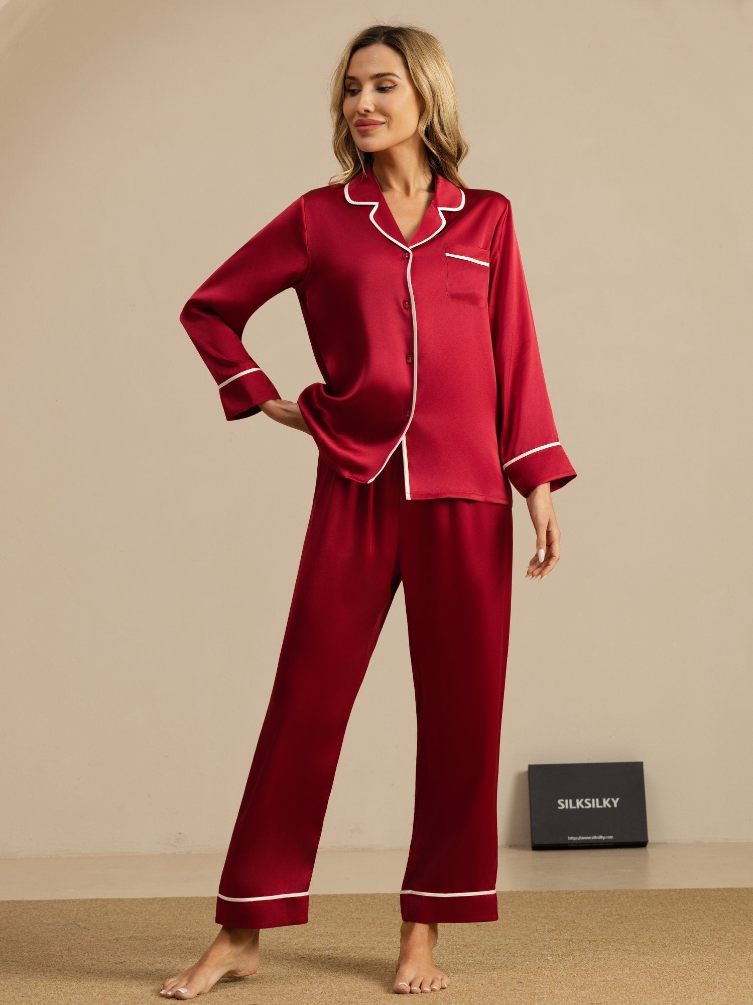 [Wine] SilkSilky-UK Long Sleeve Notch Collar Women's Pyjamas 001
