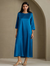 [Teal] SilkSilky-UK 3/4 Sleeve Round Neck Dress 005