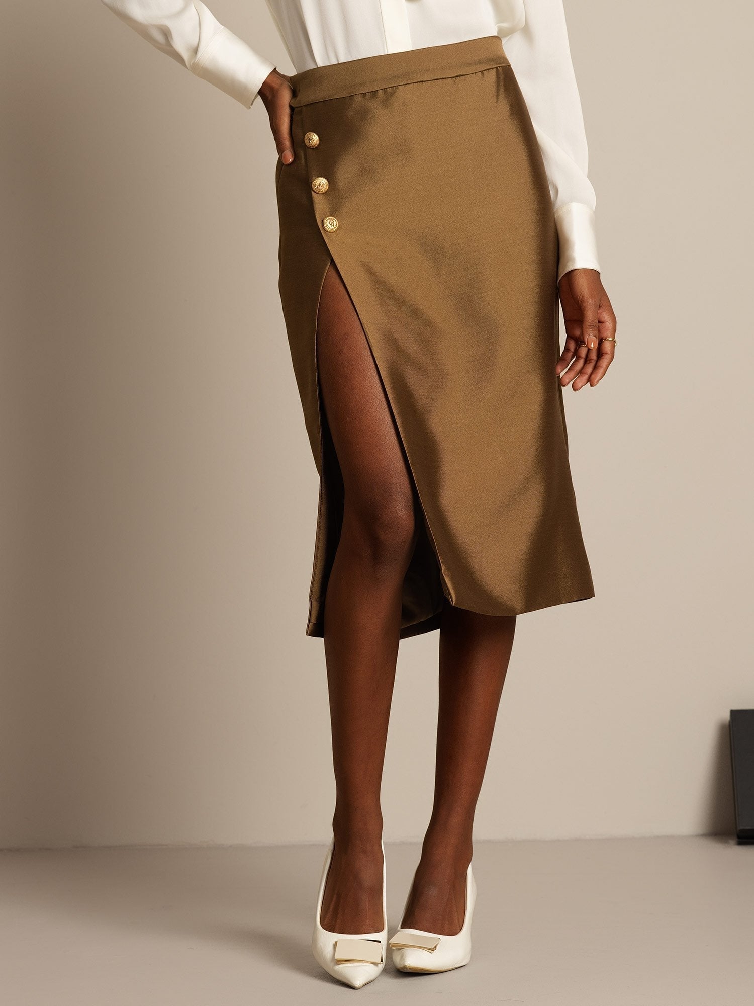 [Bronze] SilkSilky-UK 32Momme Silk-Wool Blend Split Skirt 003,