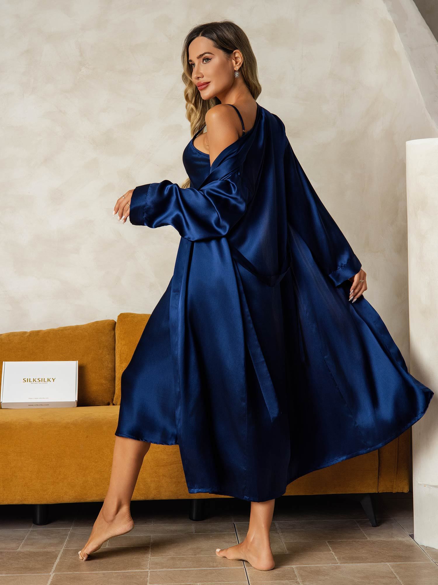 [Dark Blue] SilkSilky-UK Long Sleeve V Neck Nightdress&Dressing gowns 002