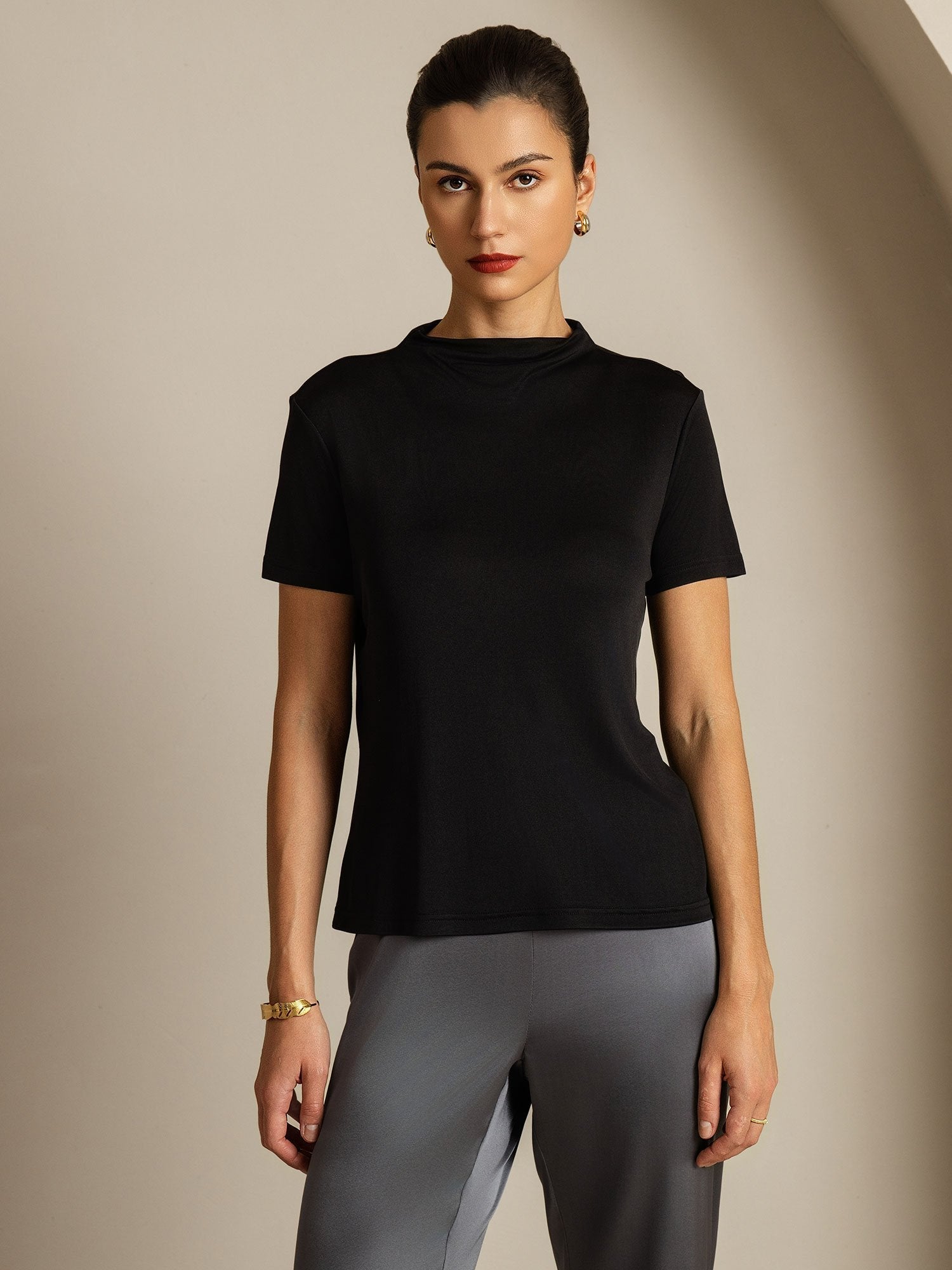 [Black] SilkSilky-UK Pure Silk Collar Women's T-Shirt 003