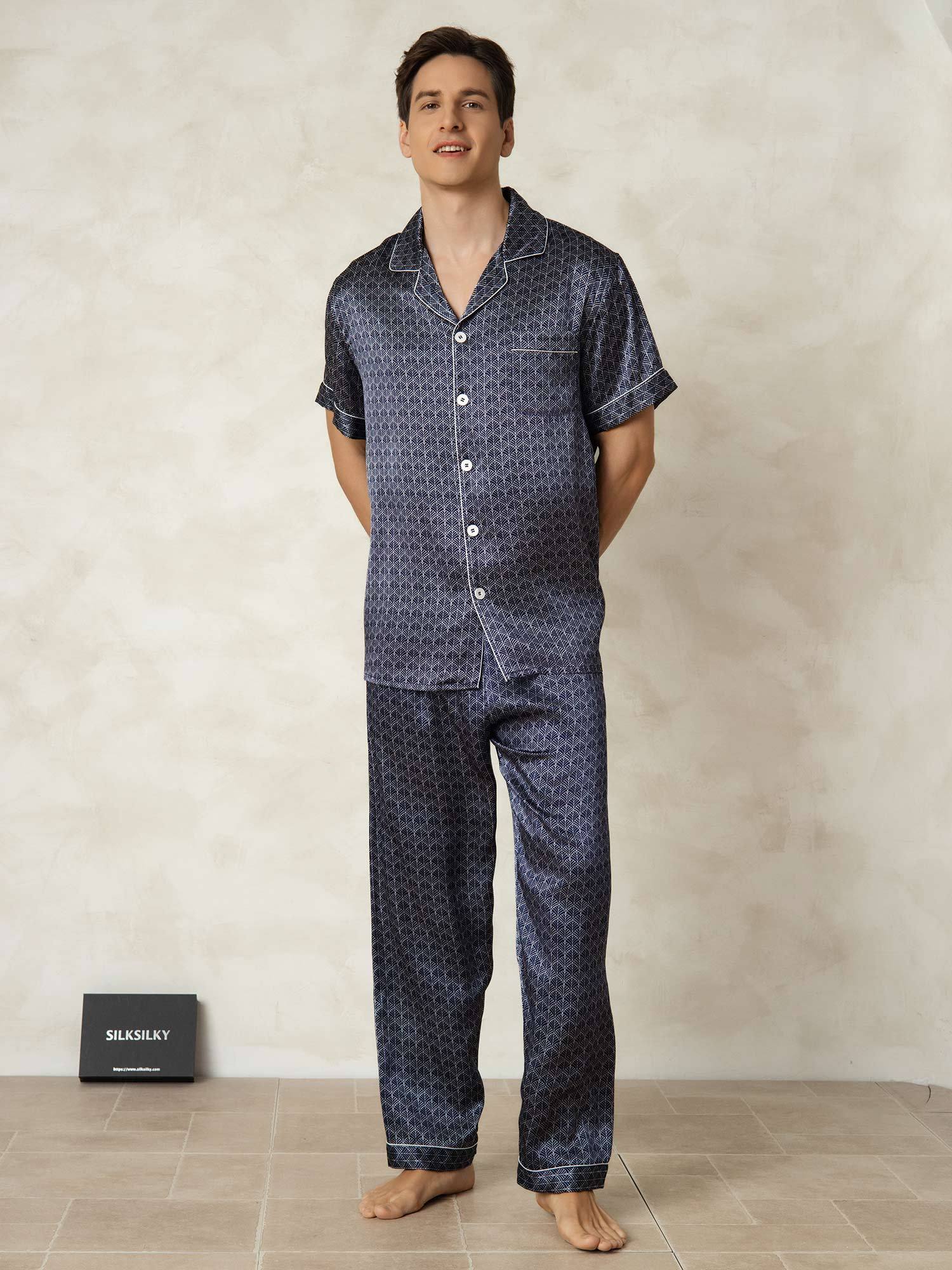 [NavyGinkgo] SilkSilky-UK Pure Silk Collar Men's Pyjamas 006