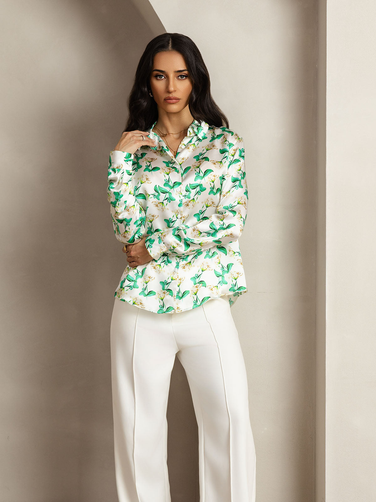 [Green Floral] SilkSilky-UK Silk Long Sleeve Collar Women's Shirt 008