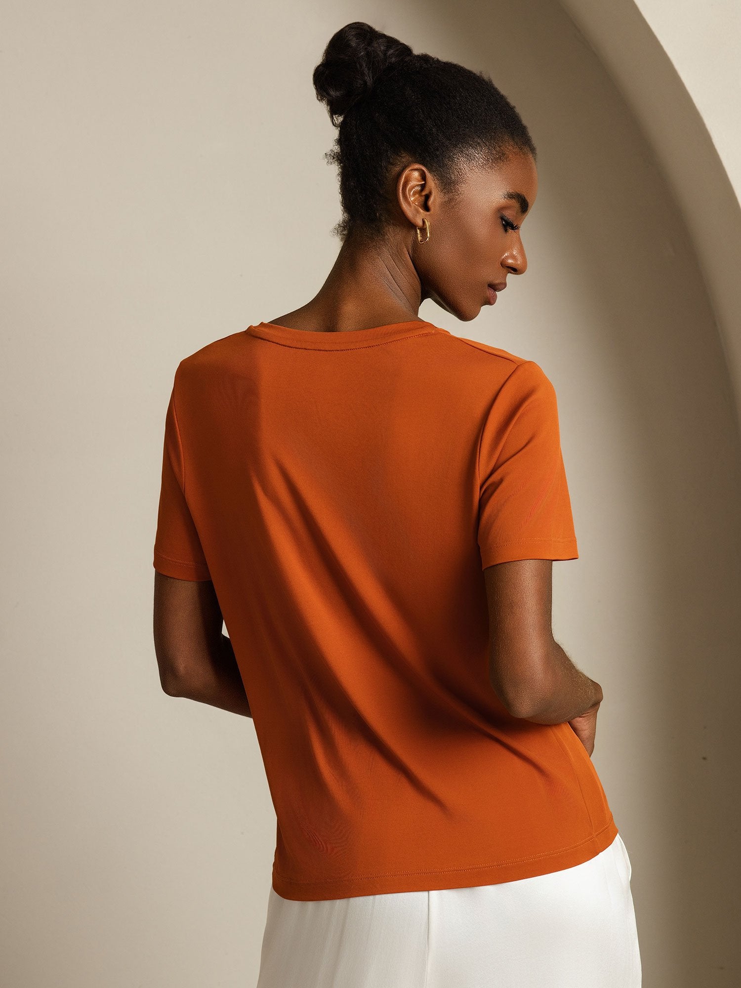 [Orange] SilkSilky-UK Pure Silk V Neck Women's T-Shirt 002