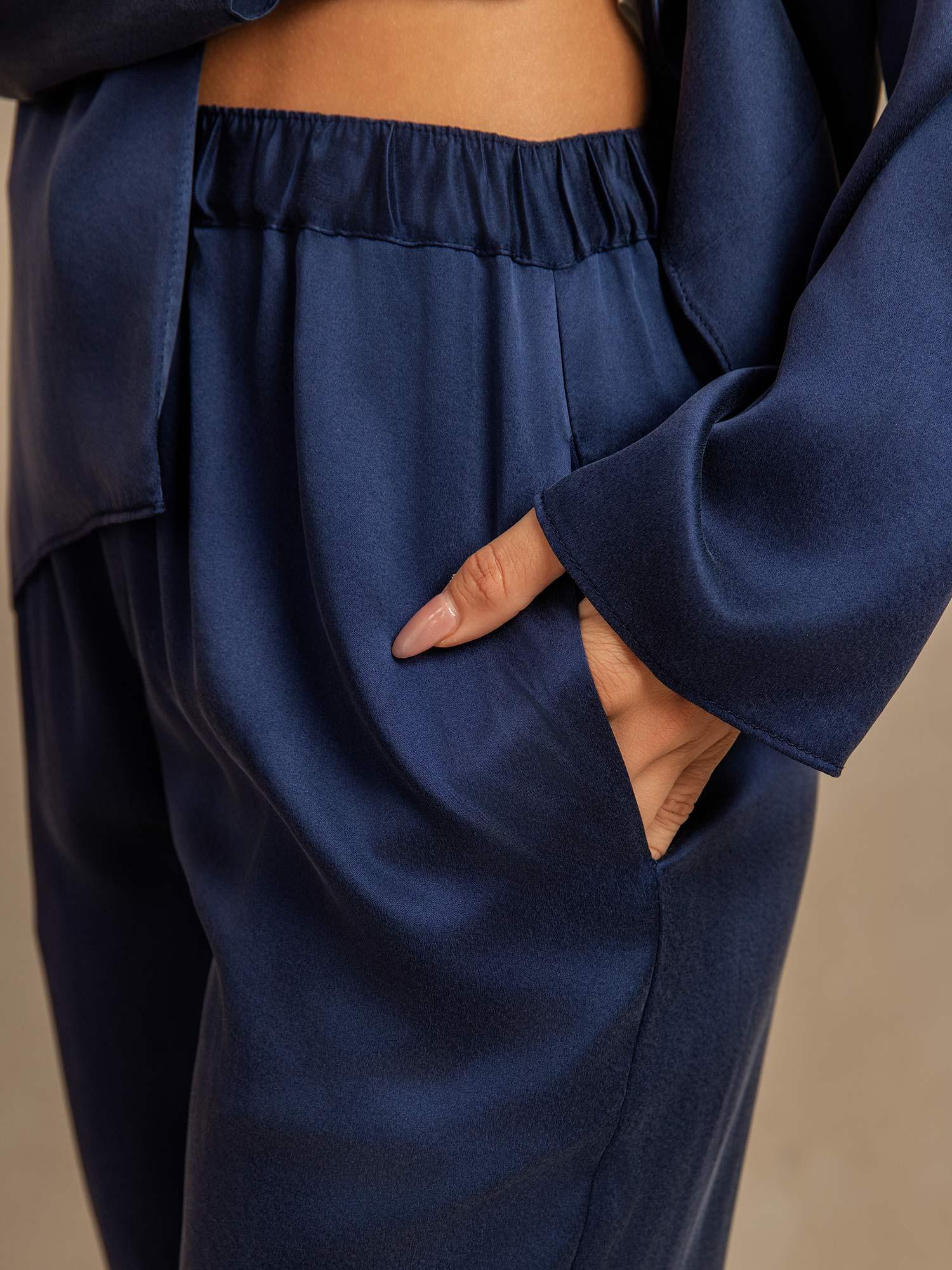 [Dark Blue] SilkSilky-UK 19Momme Machine-Washable Silk Notched Neck Women's Pyjamas 005