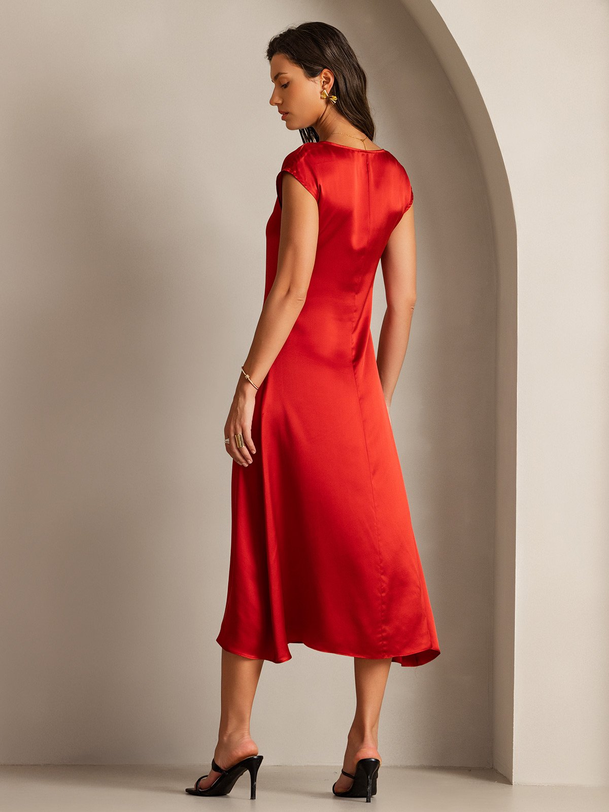 [Wine] SilkSilky-UK 19Momme Silk Cap Sleeve Round Neck Dress 002