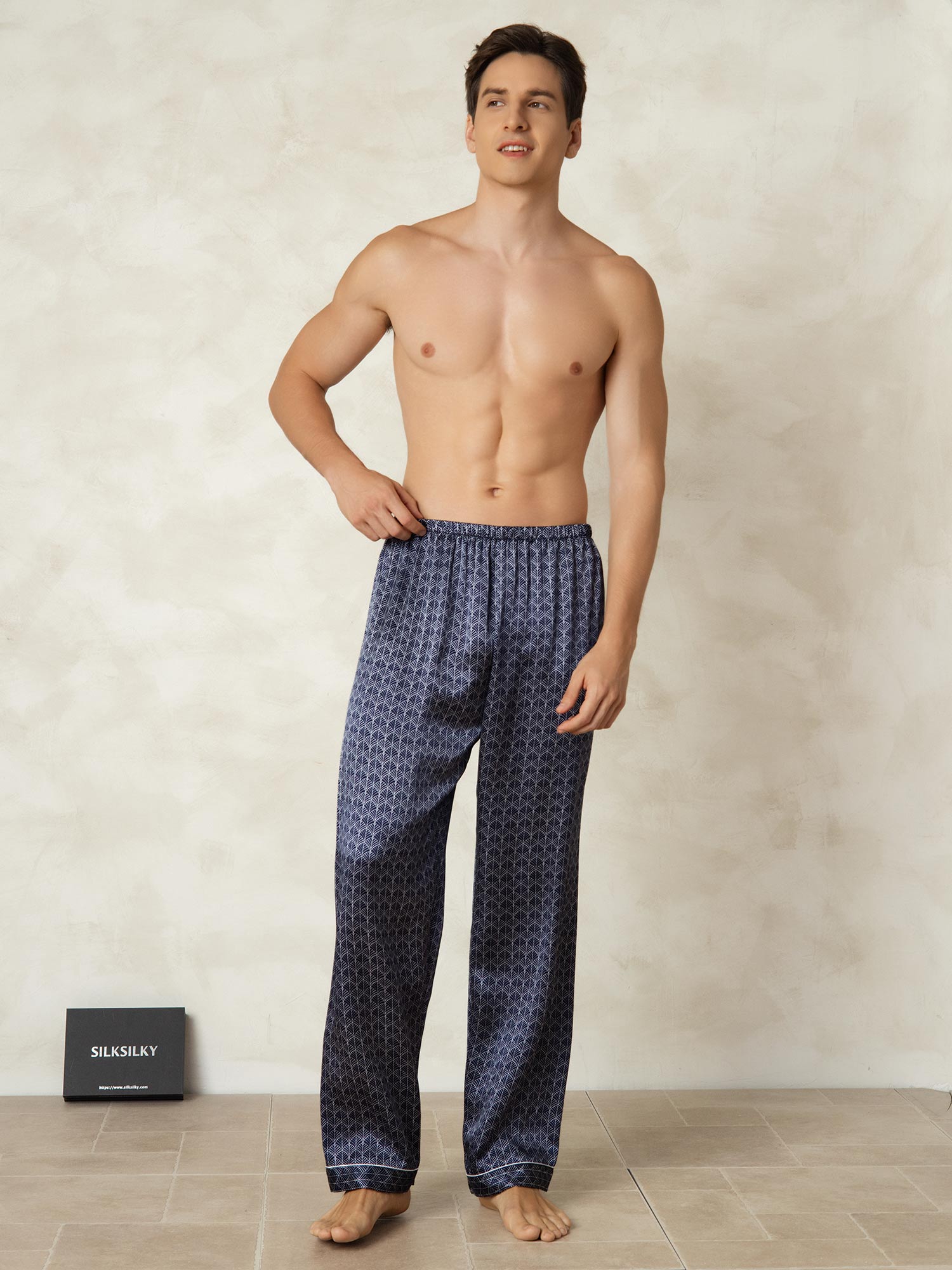 [Navy Ginkgo] SilkSilky-UK Pure Silk Mens Sleep Bottoms 004