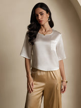 [White] SilkSilky-UK Half Sleeve Scoop Neck Women's T-Shirt 003