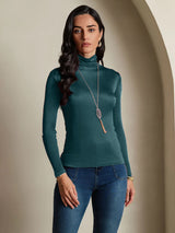 [Dark Green] SilkSilky-UK Silk Jersey Long Sleeve Turtle Neck Women's T-Shirt 005