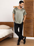 SilkSilky UK Pure Silk Short Sleeve Round Neck Men's T Shirt GrayishGreen 003