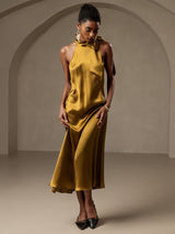 [Brown] SilkSilky-UK Sleeveless Tie Neck Dress 005
