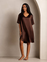 [Brown] SilkSilky-UK Half Sleeve V Neck Nightdress 003