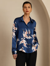 [Dark Blue] SilkSilky-UK 19Momme Long Sleeve Lapel Collar Women's Shirt 003