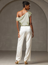 [Light Green] SilkSilky-UK 19Momme Sleeveless One Shoulder Women's T-Shirt 006