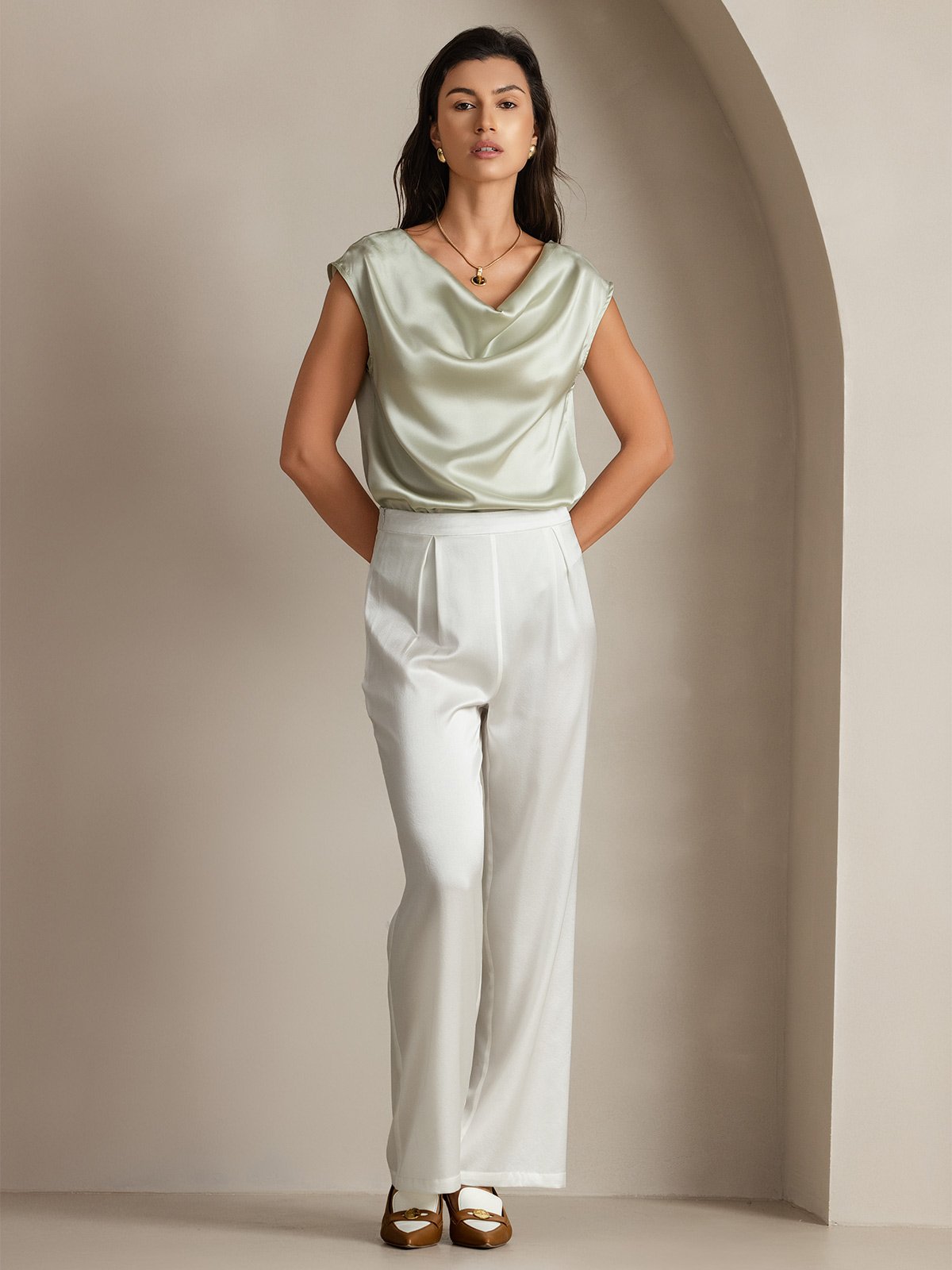 [Light Green] SilkSilky-UK 19Momme Silk Cap Sleeve Cowl Neck Women's T-Shirt 005