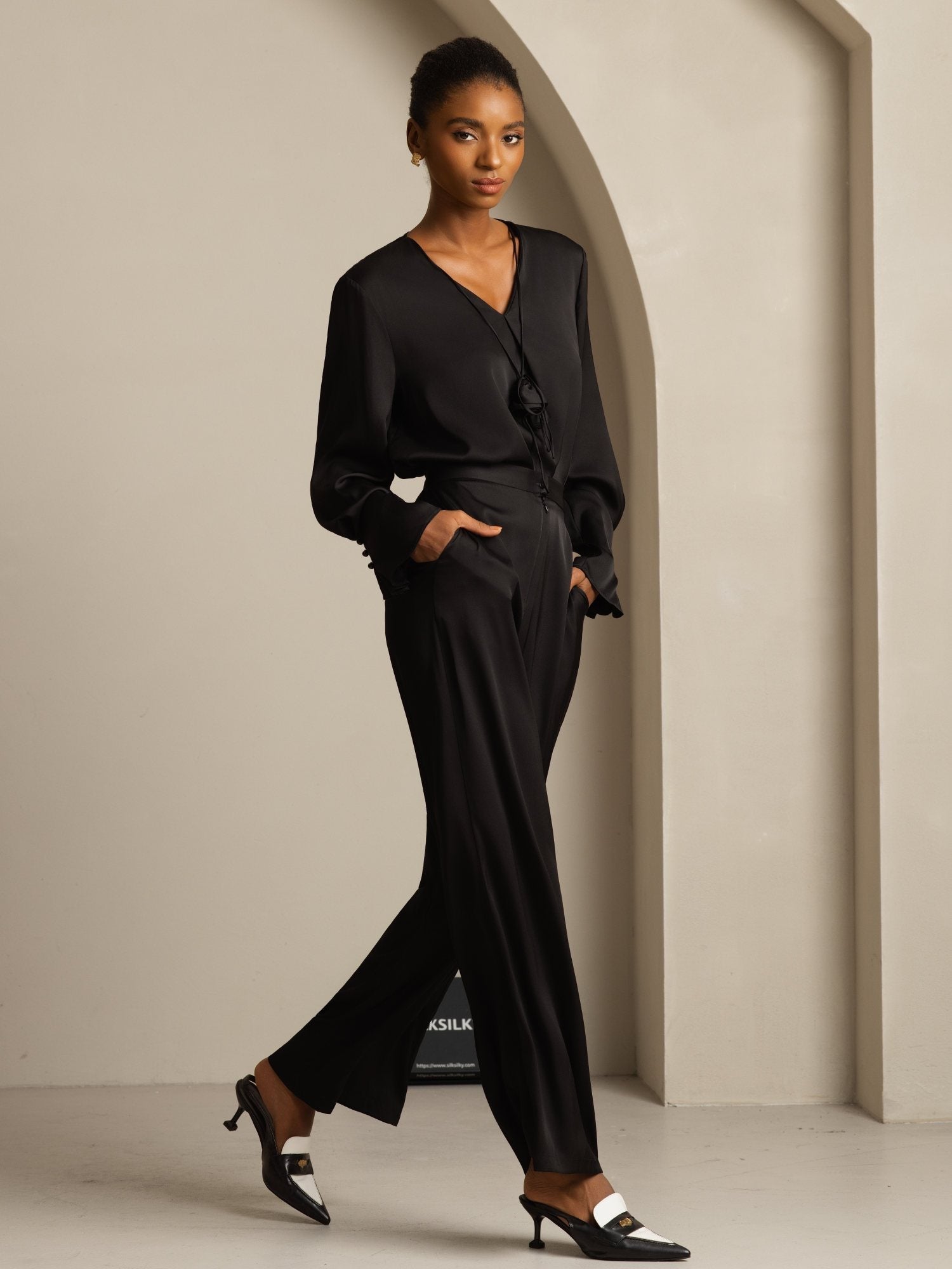 [Black] SilkSilky-UK 19Momme Stretch Silk Double Georgette Long Sleeve V Neck Blouse 008