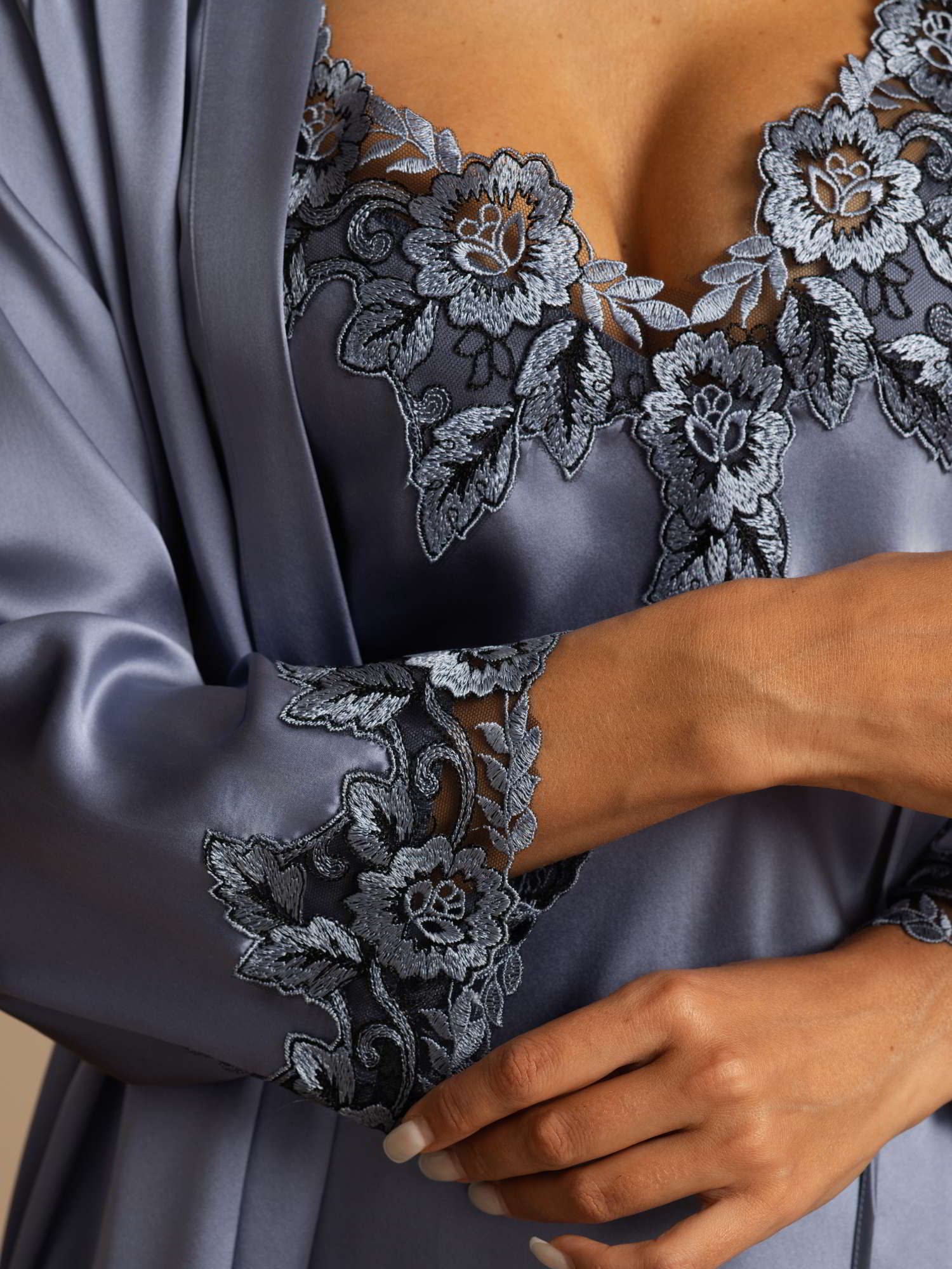 [Steel Blue] SilkSilky-UK Pure Silk 3/4 Sleeve V Neck Women's Pyjamas 004