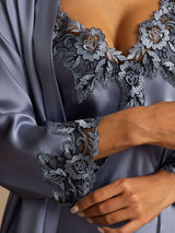 [Steel Blue] SilkSilky-UK Pure Silk 3/4 Sleeve V Neck Women's Pyjamas 004