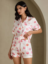 [White Lipstick] SilkSilky-UK Short Sleeve Notch Collar Women's Pyjamas 003