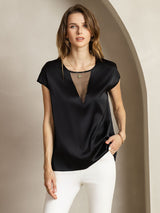 [Black] SilkSilky-UK 19Momme Silk Round Neck Women's T-Shirt 001