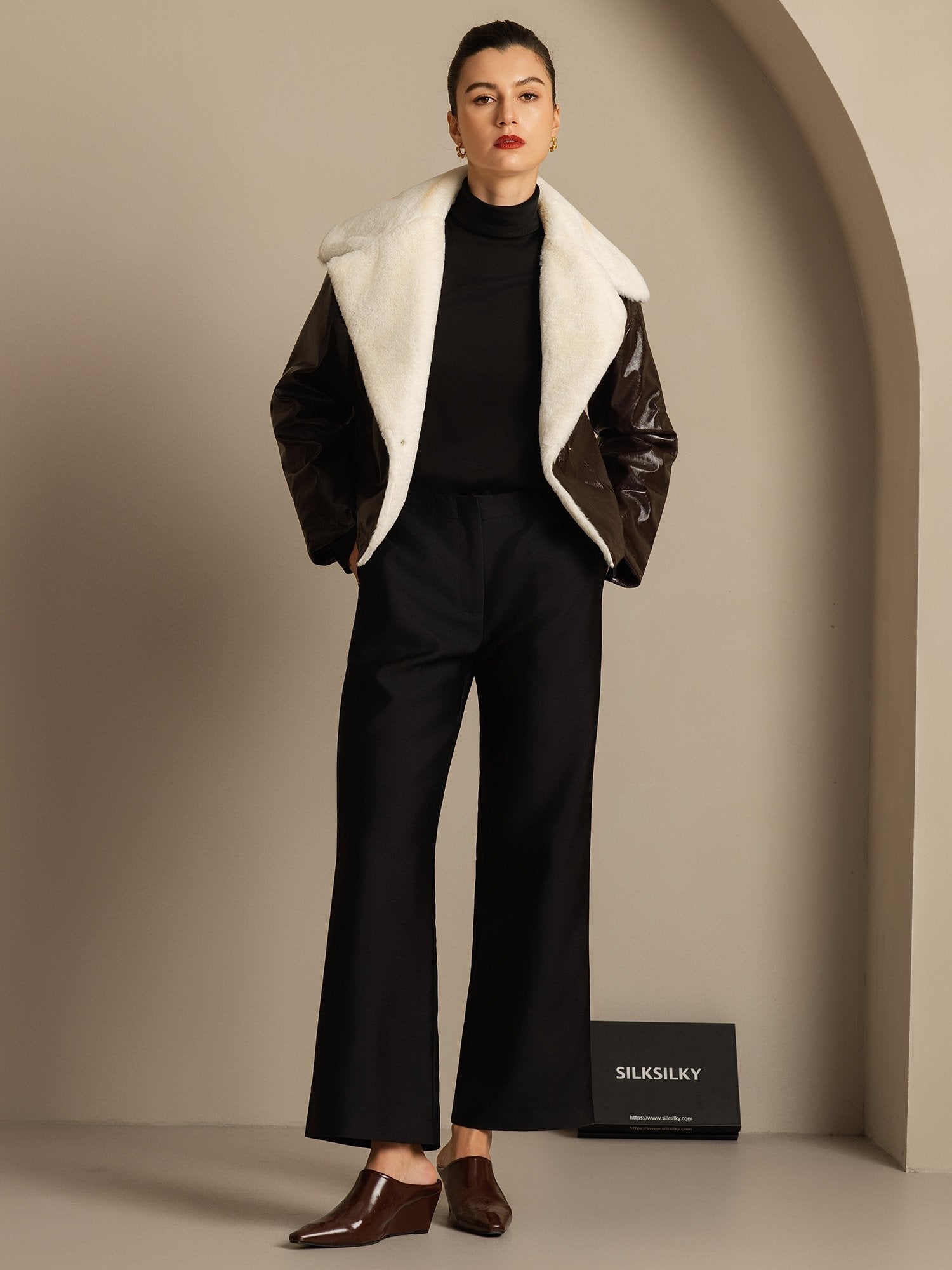 [Black] SilkSilky-UK 32Momme Silk-Wool Blend Womens Pants 006,