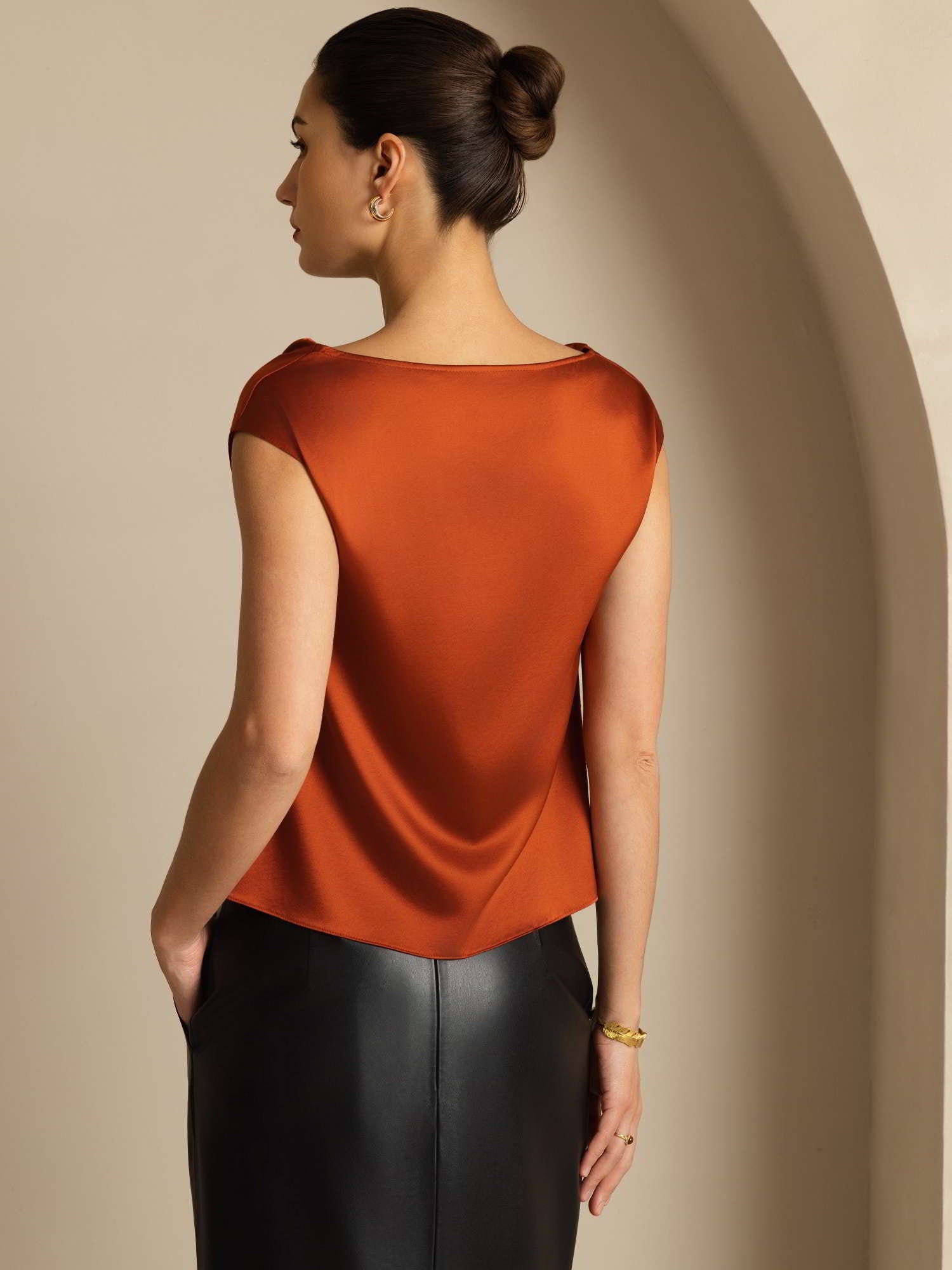 [Caramel] SilkSilky-UK 19Momme Silk Cap Sleeve Cowl Neck Women's T-Shirt 002