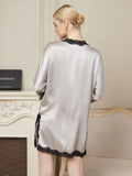 SilkSilky UK Pure Silk 3/4 Sleeve V Neck Nightdress Silver 003