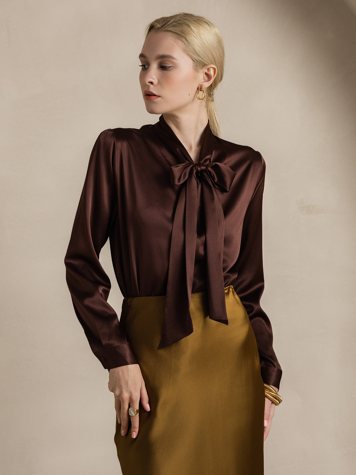 [Coffee] SilkSilky-UK 19Momme Silk Long Sleeve Tie Neck Women's Shirt 001