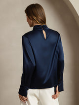 [Dark Blue] SilkSilky-UK 19Momme Silk Keyhole Neck Women's Shirt 002
