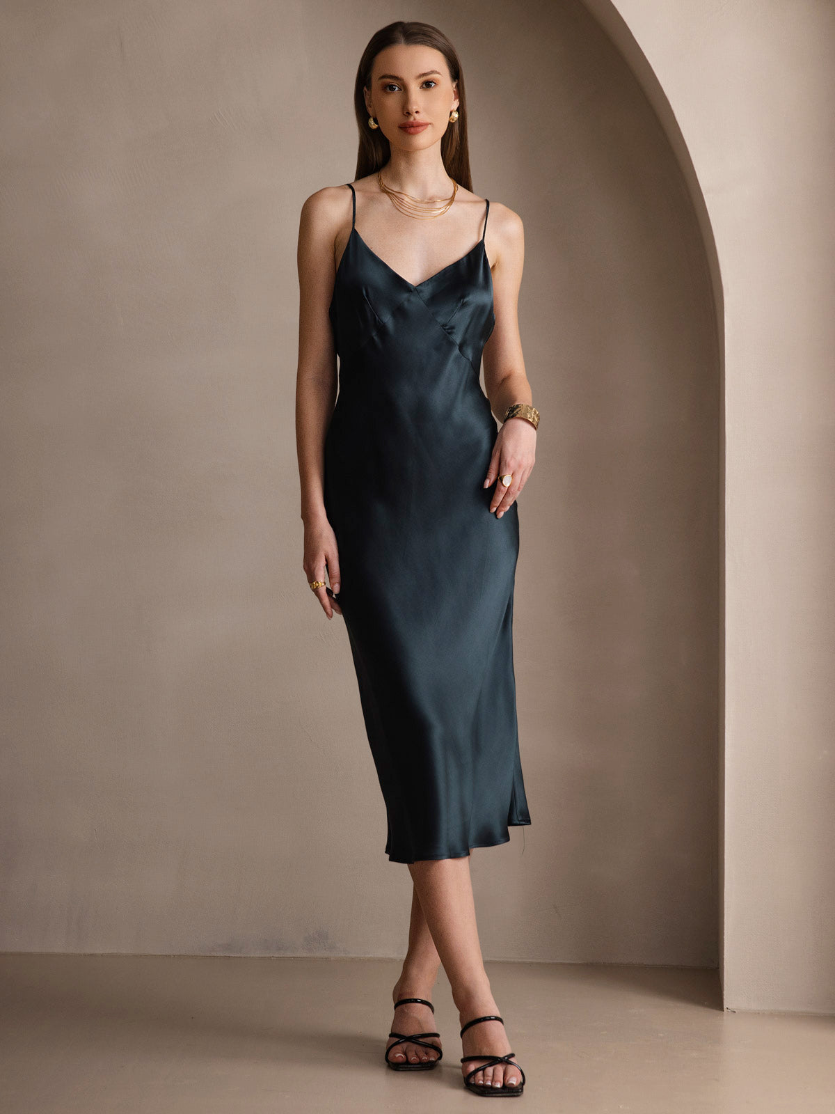 [Dark Green] SilkSilky-UK 19Momme Pure Silk V Neck Dress 001