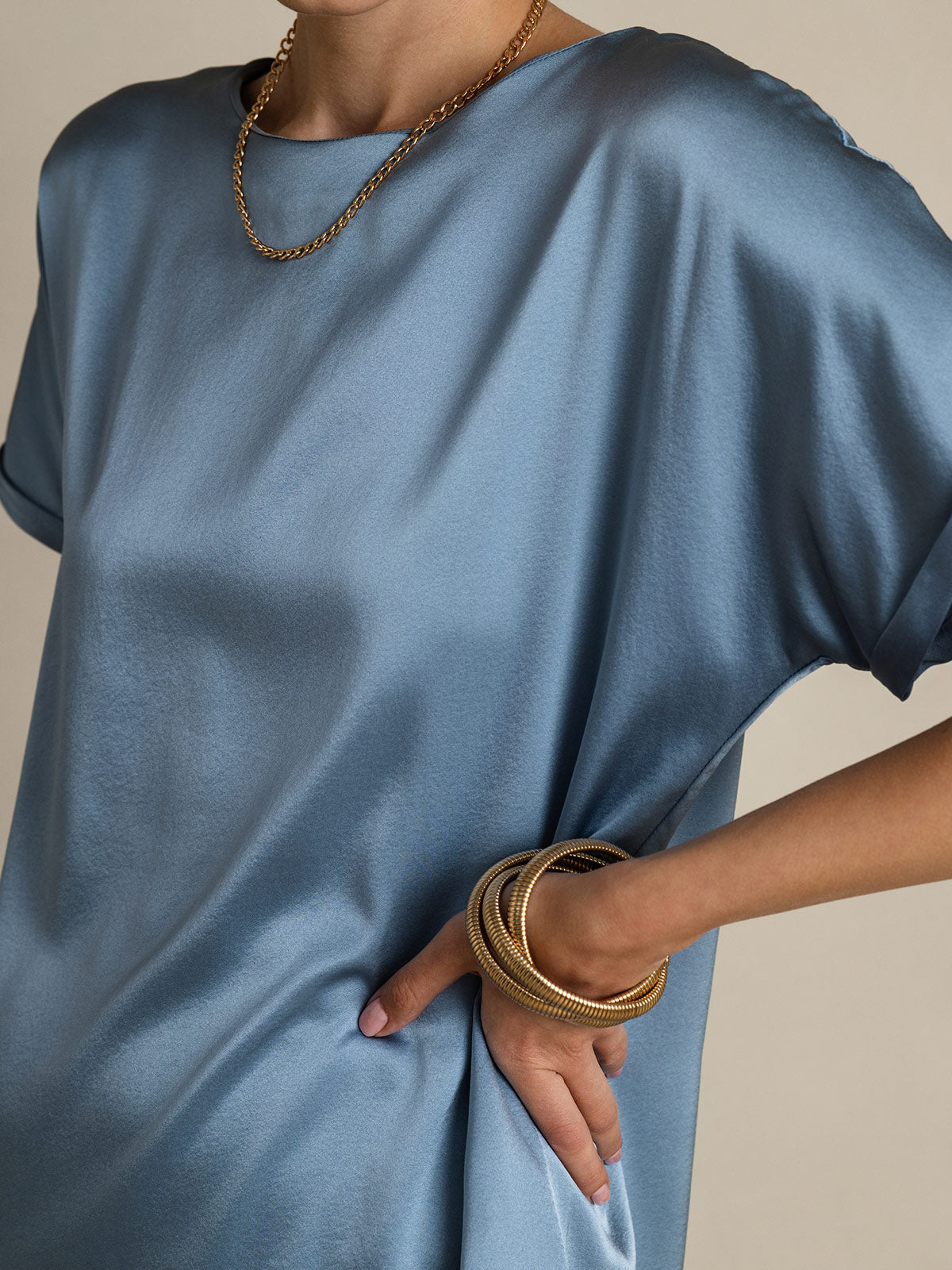 [Grayish Blue] SilkSilky-UK 19Momme Silk Short Sleeve Round Neck Women's T-Shirt 008