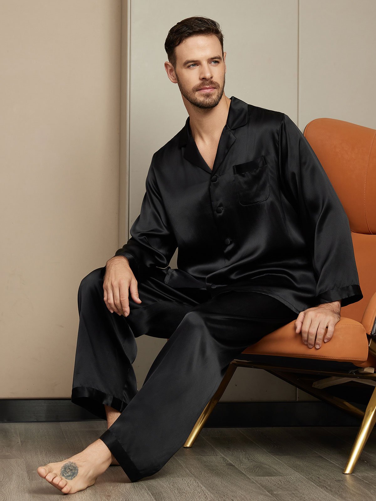 SilkSilky UK Pure Silk Long Sleeve Mens Pajamas Black 003