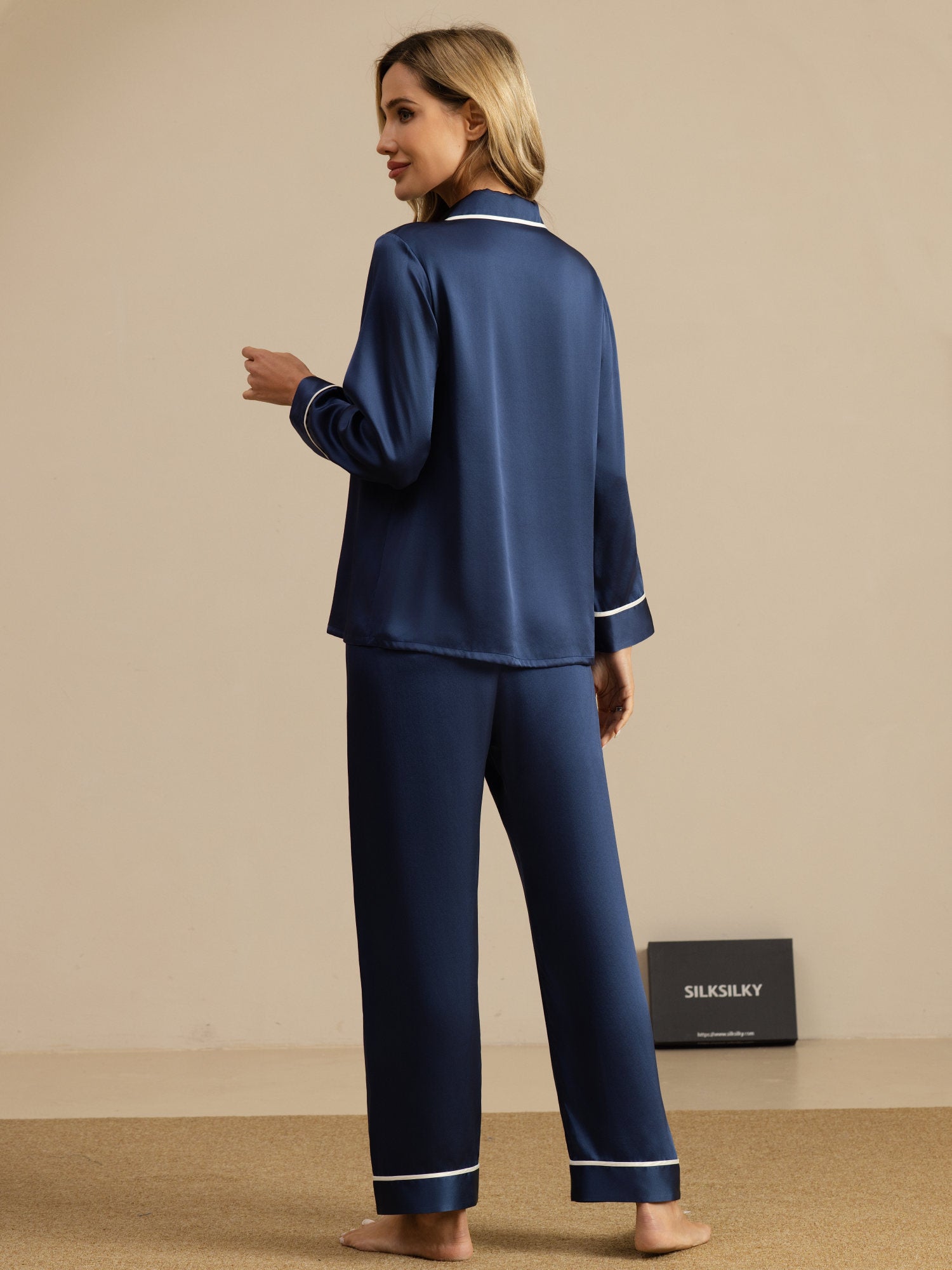 [Dark Blue] SilkSilky-UK Long Sleeve Notch Collar Women's Pyjamas 002