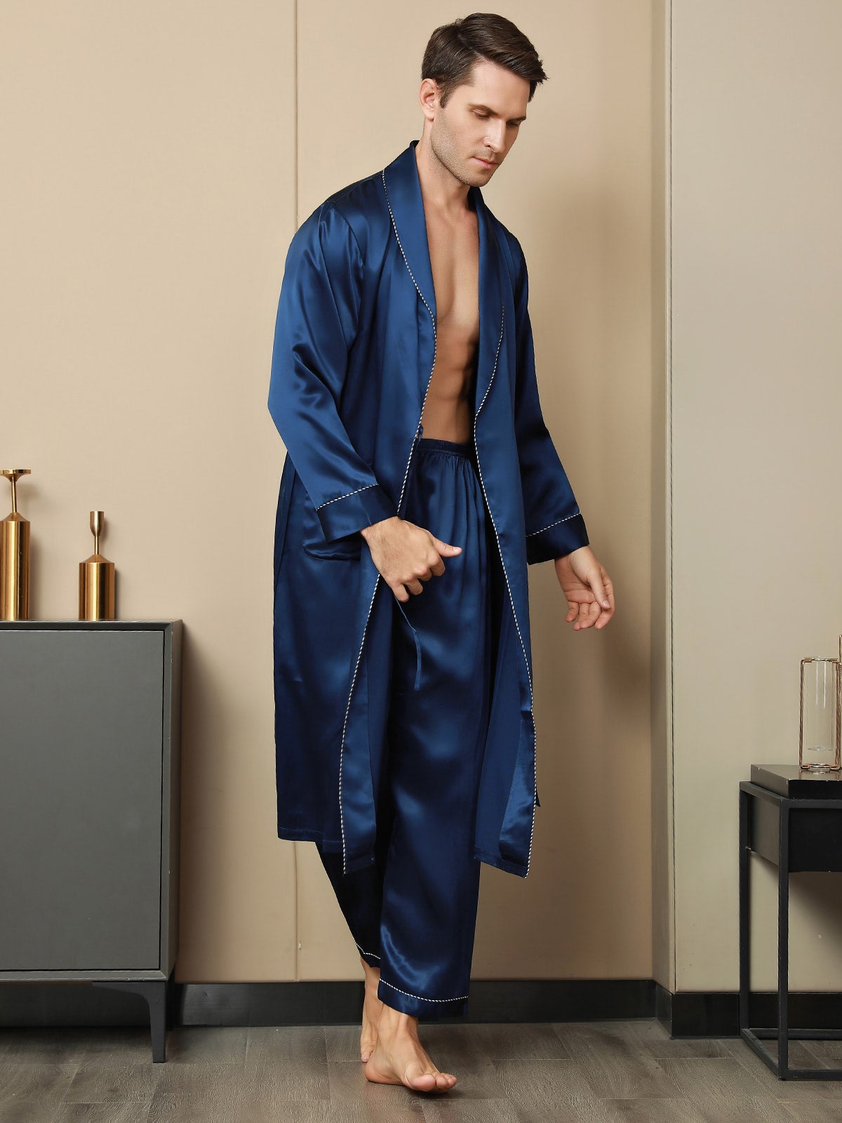 SilkSilky UK Pure Silk Long Sleeve Lapel Men's Dressing Gown DarkBlue 002