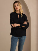 [Black] SilkSilky-UK Long Sleeve Keyhole Neck Women's Blouse 005
