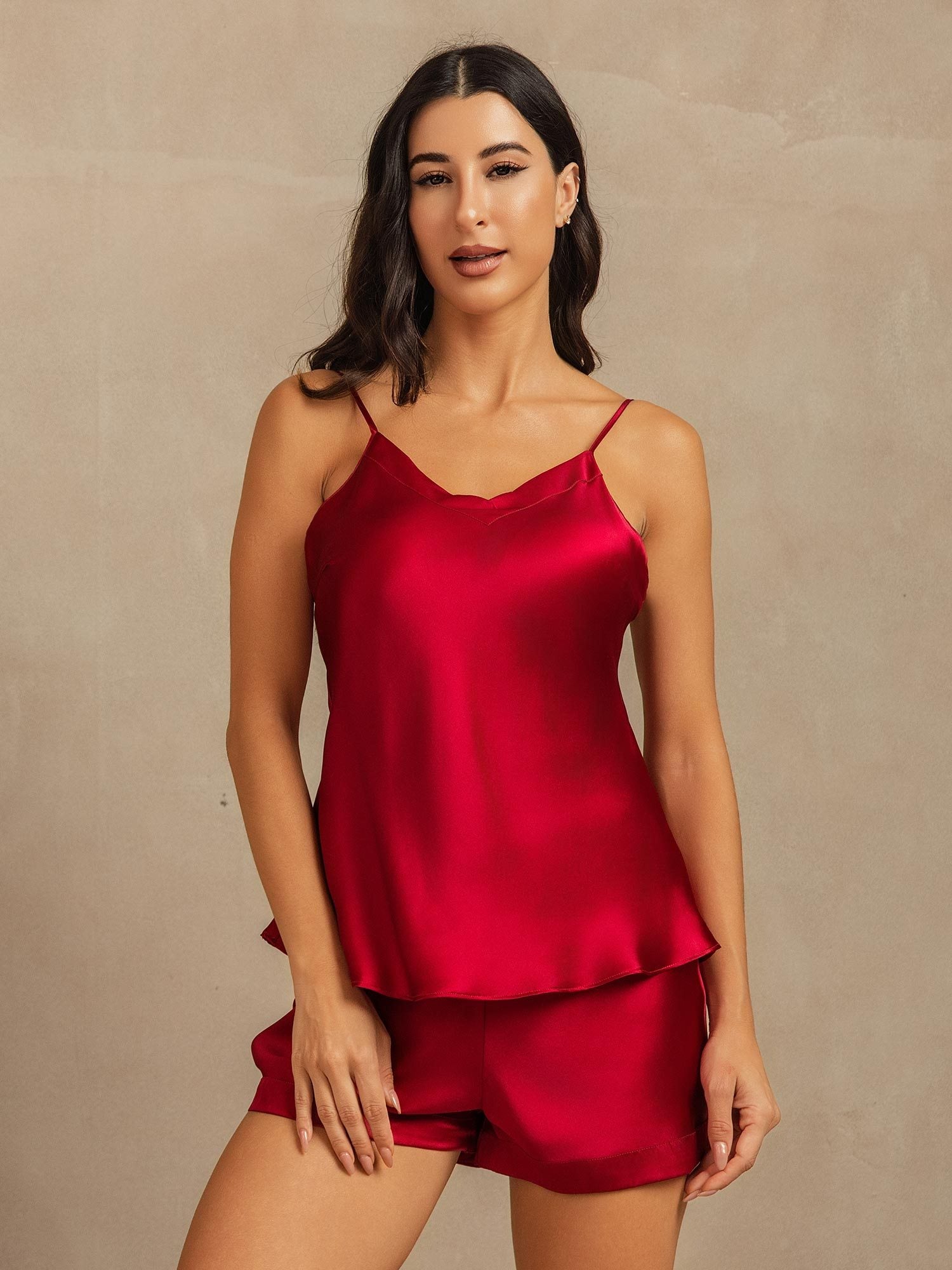 [Wine] SilkSilky-UK Spaghetti Strap V Neck Camisole Set 001