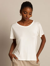 [White] SilkSilky-UK 100% Silk Jersey Short Sleeve Round Neck Women's T-Shirt 001