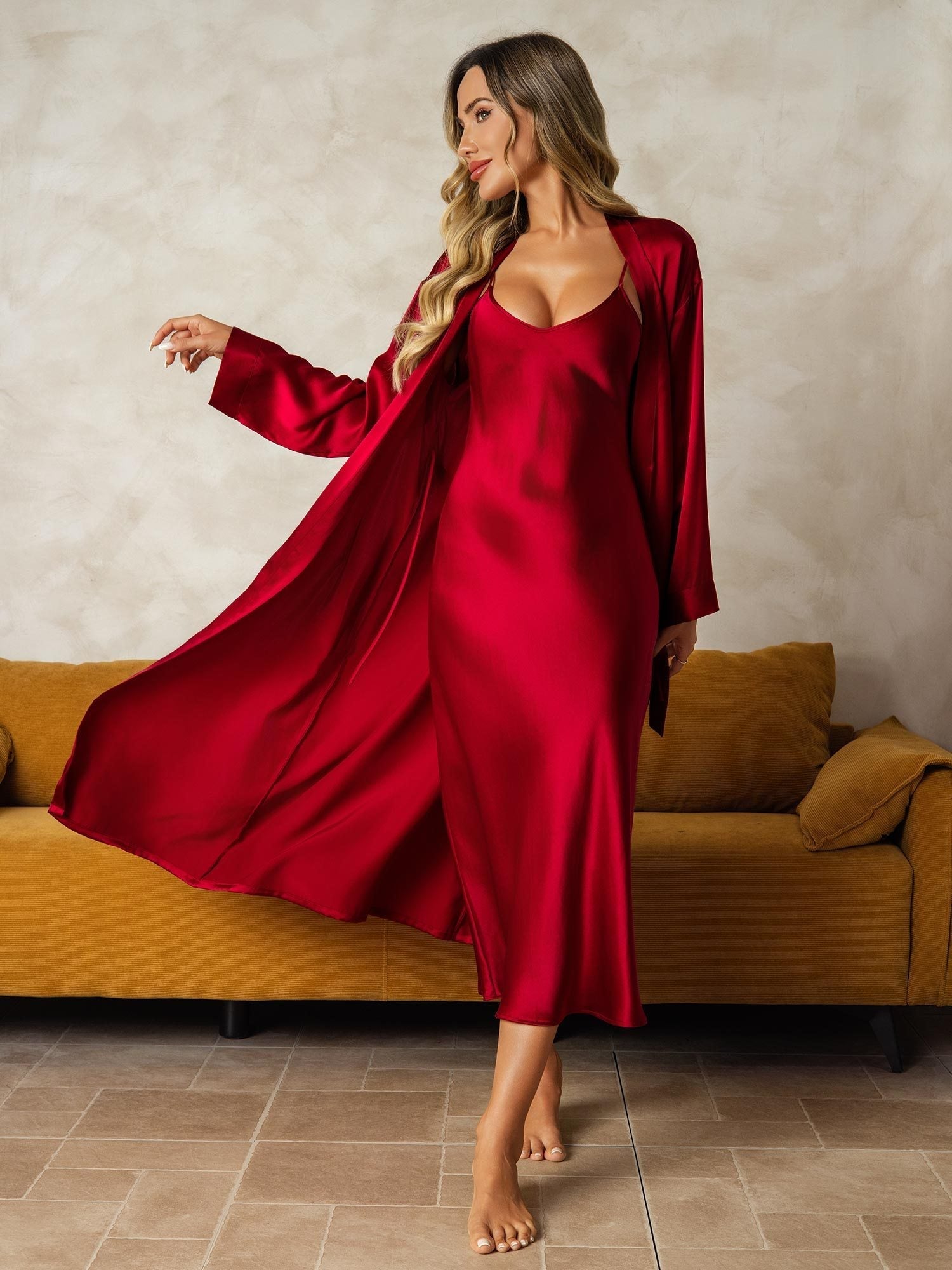 [Wine] SilkSilky-UK Long Sleeve V Neck Nightdress&Dressing gowns 001
